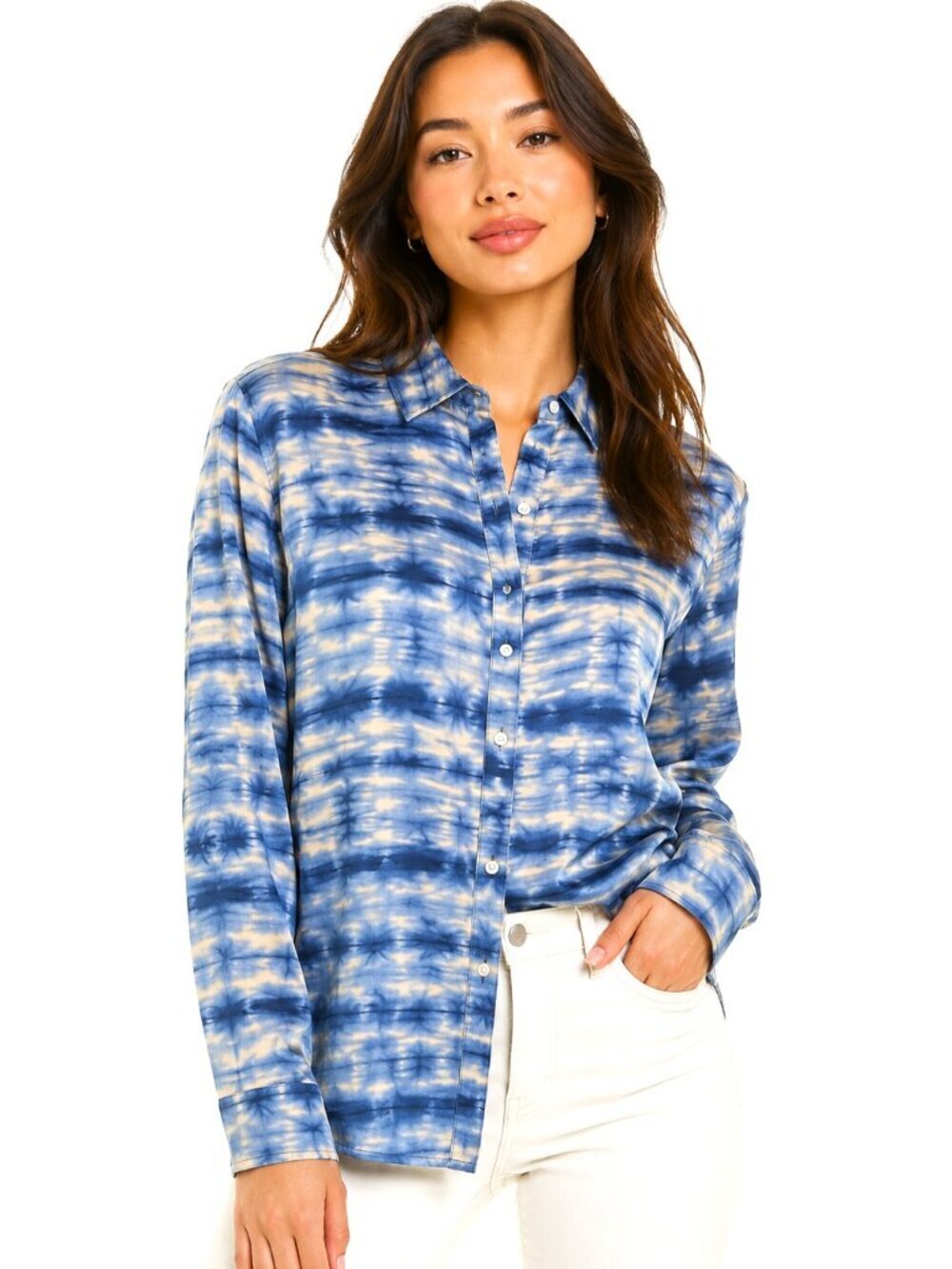 J. McLaughlin Tan Blue Tie-Dye Lois Blouse NWT